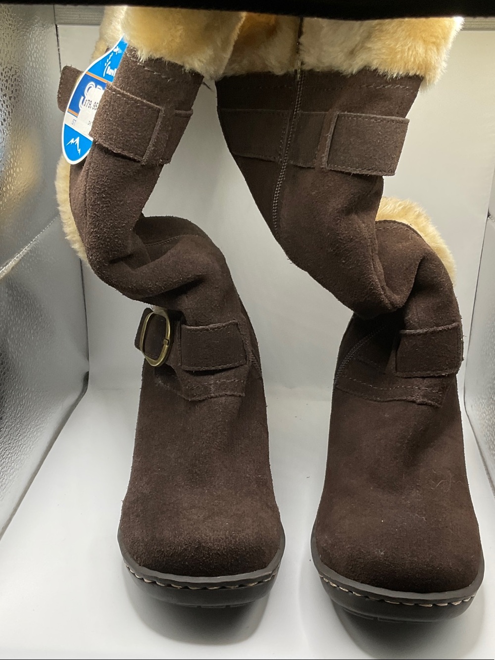 Women's Brown Suede Fur Winter Boots w/Buckle, damage on inside zipper, size 8